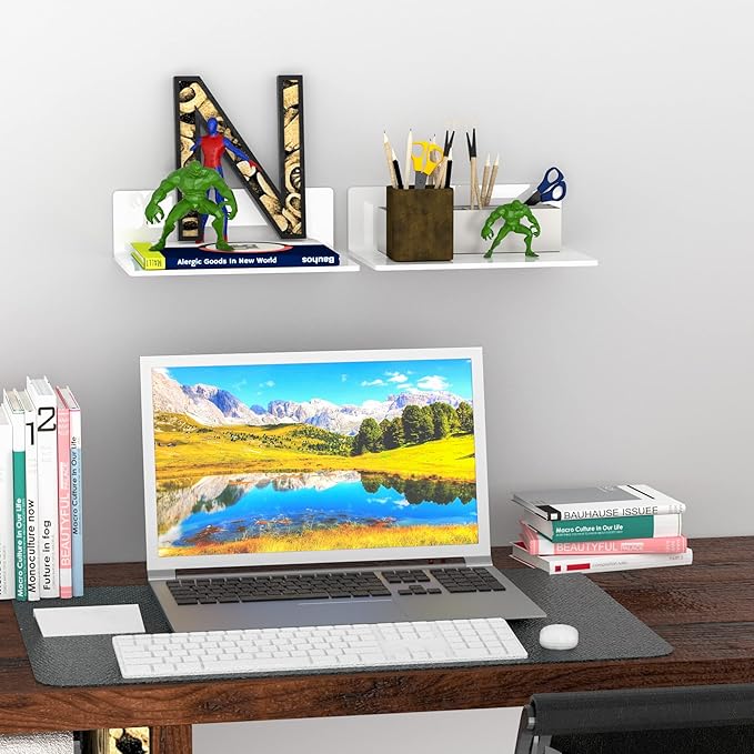 Sezanrpt 9 Inches Acrylic Wall Shelves 2 Pack, Floating Shelf for Wall Mounting, Acrylic Display Ledges for Funko Pop Figures, Home Décor, Living Room, Gaming Room, Plants(9 inch, White)