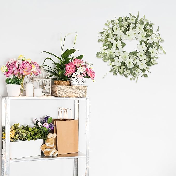 YNYLCHMX 18" Spring Summer Wreaths for Front Door, Artificial Floral Wreath with White Phalaenopsis Green Eucalyptus Leaves, Green Foliage Wreath for Wall Window Farmhouse Party Holiday Home Decor