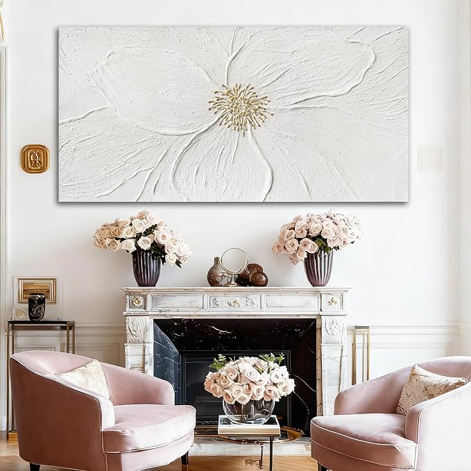 Large Floral Abstract Wall Art, Hand Painted Textured Canvas with Soft Organic Petal Forms, Ivory and Beige Tones with Gold Accents, Oversized Modern Statement Wall Decor, Gallery Wrapped, 29×58 Inch