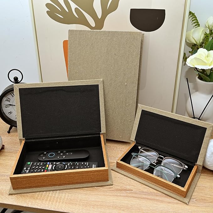 DECOR4SEASON Decorative Book Boxes Set of 3 – Modern Faux Linen & Wood Hidden Storage for Coffee Table – Stackable Fake Books for Shelf Decor, Remote Control & Jewelry Organizer (Warm Taupe)