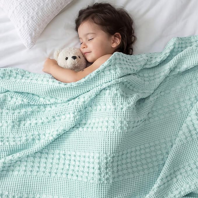 PHF 100% Cotton Waffle Blanket Queen Size for Bed, Lightweight Breathable and Soft for Summer, Luxury Aesthetic Waffle Weave Blanket for Home Decor & Gifts for Women, 90"x90", Mint