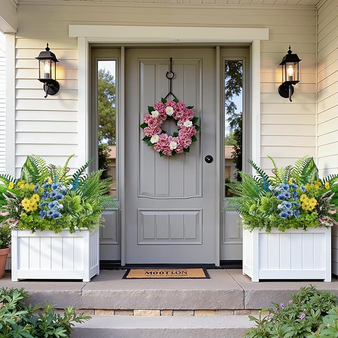Alupssuc 24Pcs Artificial Flowers and Plants,UV Resistant & No Fade Fake Plastic Greenery Shrubs for Home Garden, Pathway, Front Porch-Spring Summer Decor, Indoor/Outdoor Use,Pink Blue Yellow White