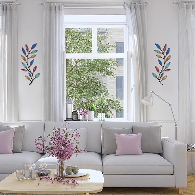 Zhengmy 2 Pieces Metal Tree Leaf Wall Decor Vine Olive Branch Leaf Wall Art Living Room, Hallway Wall Decor Outdoor Decoration(Elegant Color)