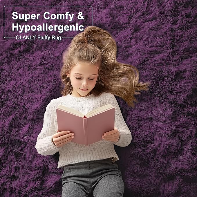 OLANLY 2x6 Machine Washable Runner Rugs for Hallway, Soft Fluffy Shaggy Bedside Rugs for Bedroom, Living Room, Indoor Floor Carpet for Kids Girls and Boys, Home Decor Aesthetic, Dark Purple