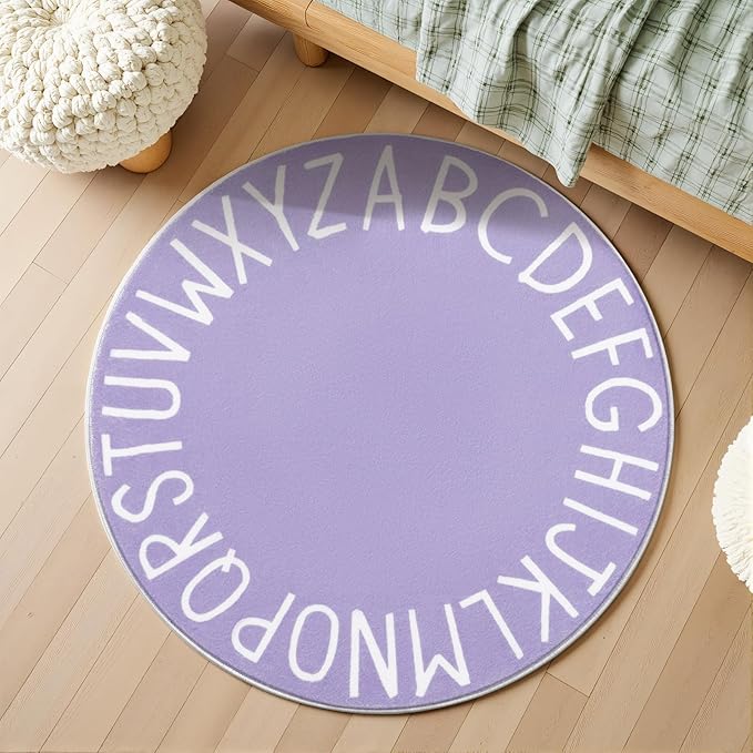 Topotdor Round Kids Play Rug Alphabet Nursery Area Rug Extra Large Soft Crawling Play Mat for Children Toddlers Bedroom (47 inch, Purple)