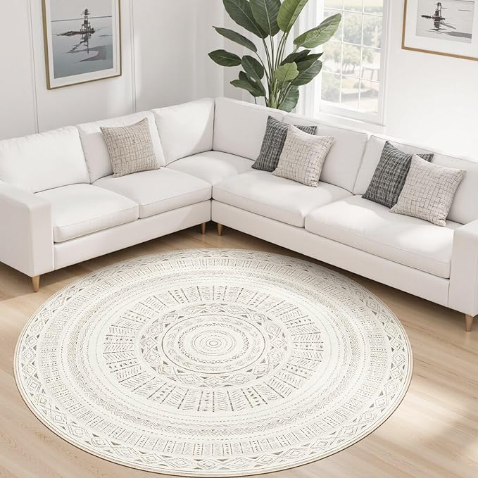 cotiled 6x6 Round Area Rug Living Room: Washable Boho Rugs with Non Slip Backing Large Soft Indoor Stain Resistant Carpet for Bedroom Farmhouse Dining Room Lightweight Home Decor L Brown/Cream