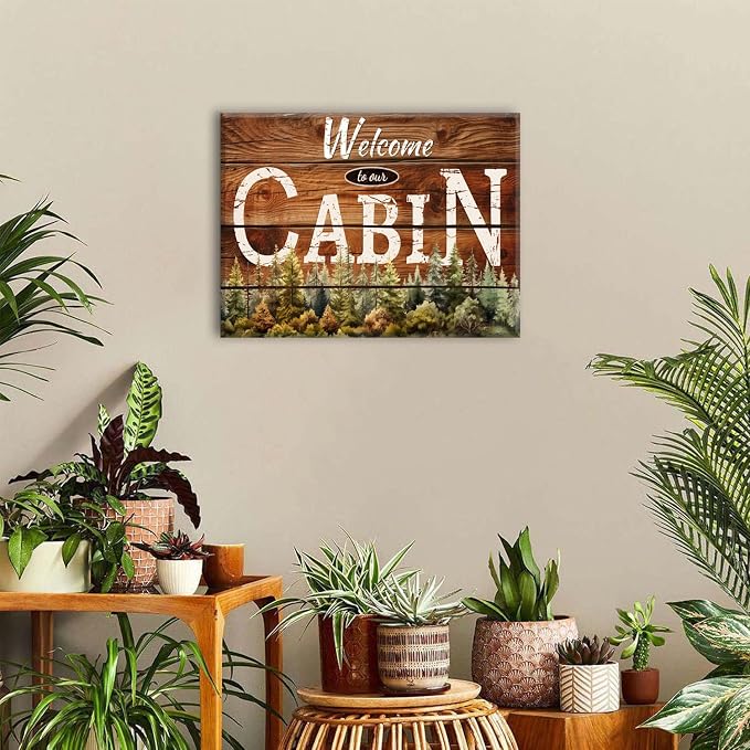 Rustic Farmhouse Cabin Wall Art Living Room Welcome Sign Pictures Bedroom Wall Decor Nature Pine Trees Forest Brown Woodsy Grain Canvas Prints Lodge Woodland Painting Nursery Home Decoration 12x16in