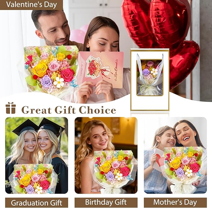 Flowers for Delivery Dopamine Mixed Colors Roses Preserved Flowers Bouquet with Gift Box, Mothers Day Gifts for Mom, Birthday Day Gifts for Women, Wife, Her, Grandma on Valentines Anniversary Proposal