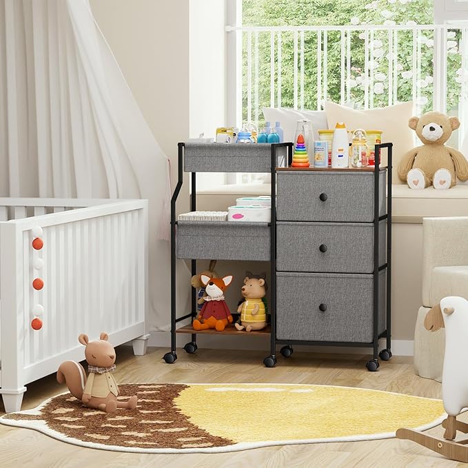 Modanais Baby Diaper Caddy Organizer Cart - 3 Tier Rolling Cart with Dividers and Drawers, Easy To Assemble, Mobile Utility Cart with Wheels for Nursery, Bedroom, Changing Table & Crib