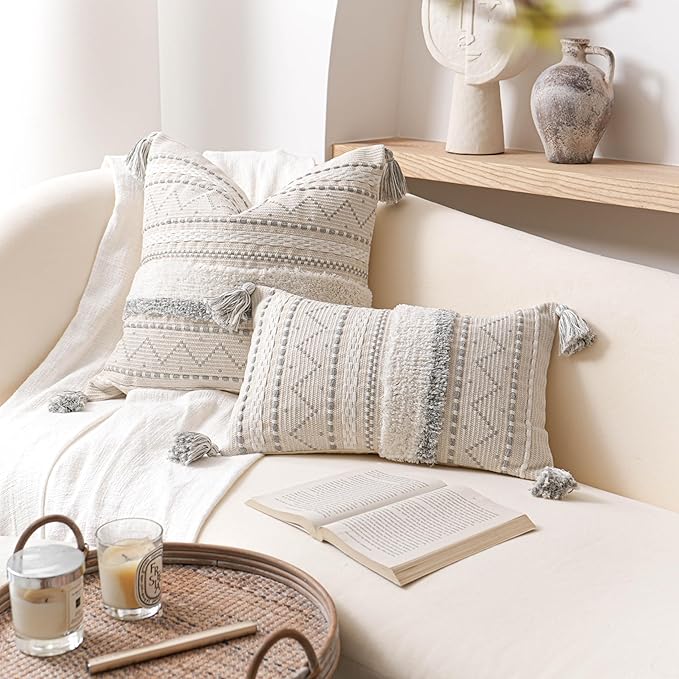 BlissBlush 20X20 Throw Pillow Cover, Cream Neutral Square Decorative Cushion Cover with Gray Pattern, Boho Accent Pillowcase with Tufted Details and Tassels for Couch Sofa Living Room (Cover Only)