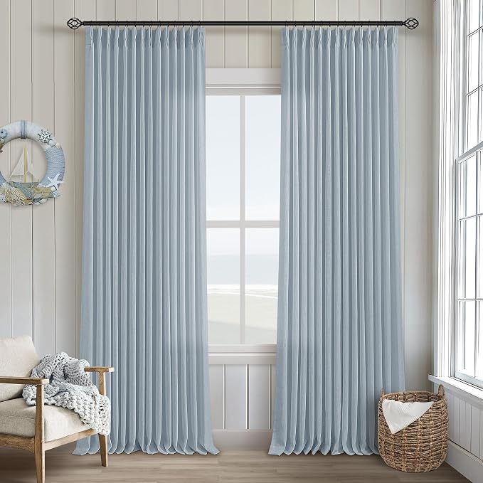 Light Blue Linen Curtains 102 Inches Long for Living Room Pinch Pleated Drape with Hooks Rings for Track System Light Filtering 102 Inch Curtain for Bedroom Sliding Patio Door 2 Panels Dusty Blue