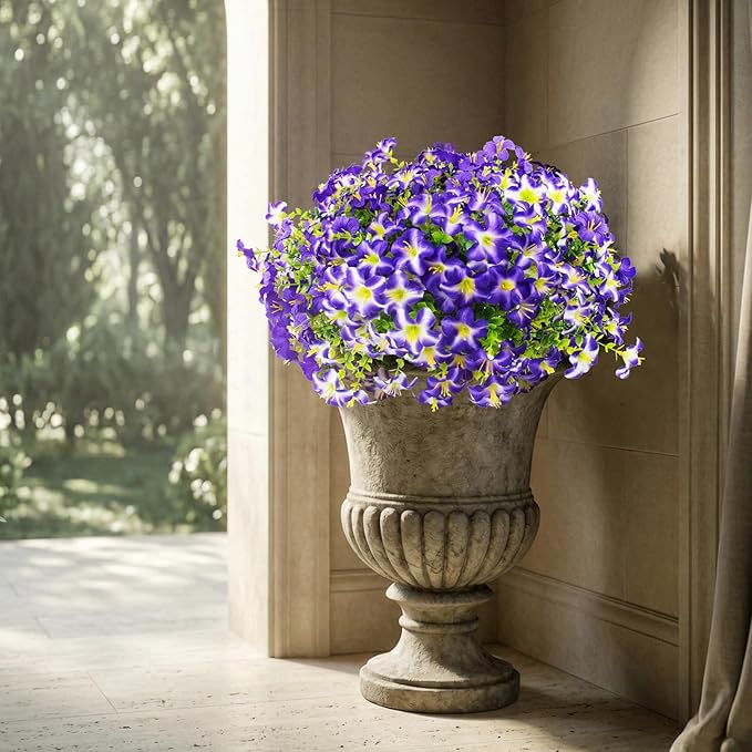 Daynight 16 Pcs Faux Petunias Artificial Flowers for Outdoors, UV Resistant Fake Purple Petunias Plants Realistic Silk Flowers for Porch Front Door Garden Window Outside Decor (16, Purple)