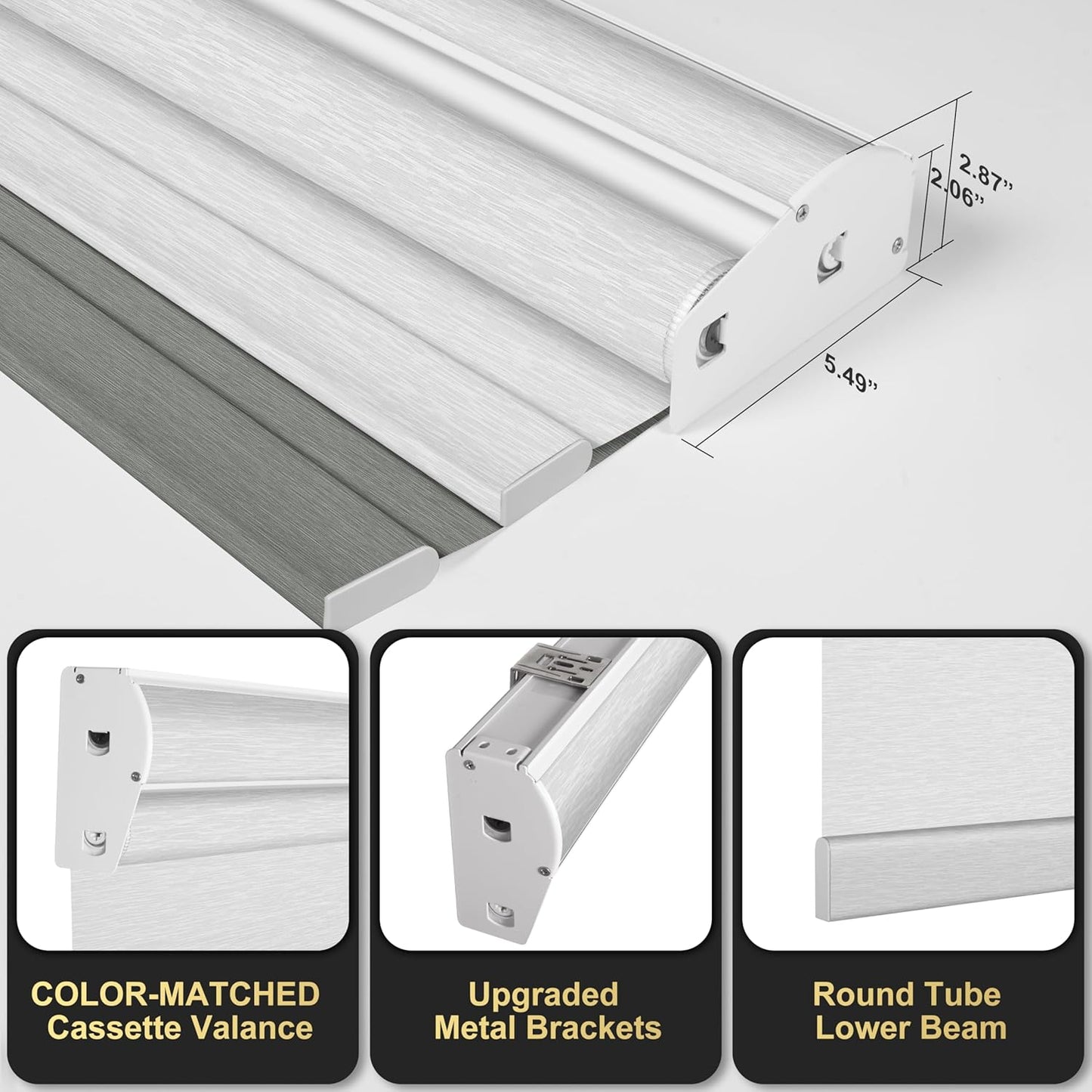 BERISSA Cordless Dual Roller Shades with Cassette Valance, Double Window Shades - Blackout and Light Filtering, Day and Night for Home Office Door - Grey and White. 48 W x 72" H