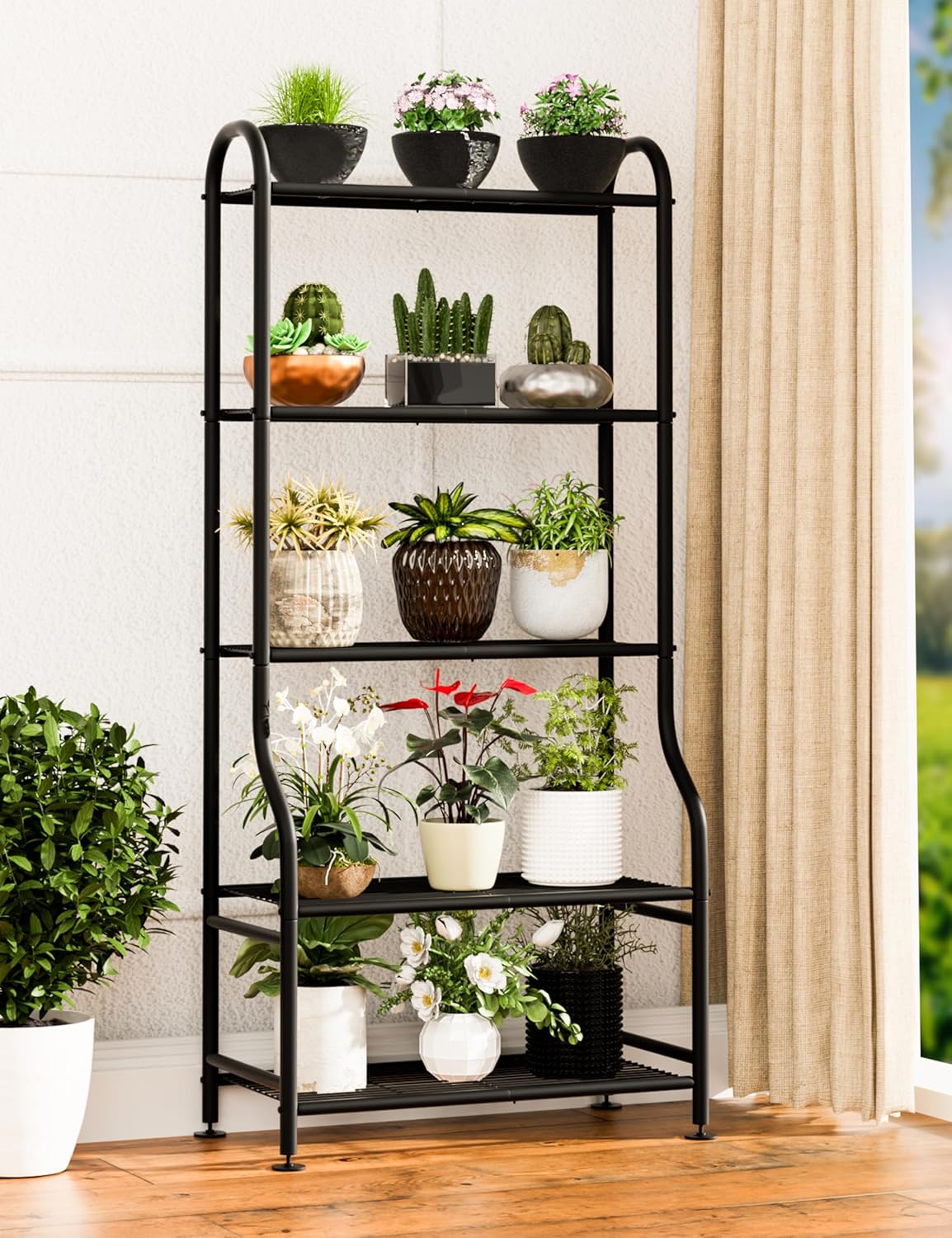 5-Tier Metal Plant Stand Indoor Outdoor, Waterproof Flower Stand for Multiple Pots, Heavy Duty Plant Stands for Living Room Patio Garden Decor, Tall Plant Shelf with Leveling Feet, Black