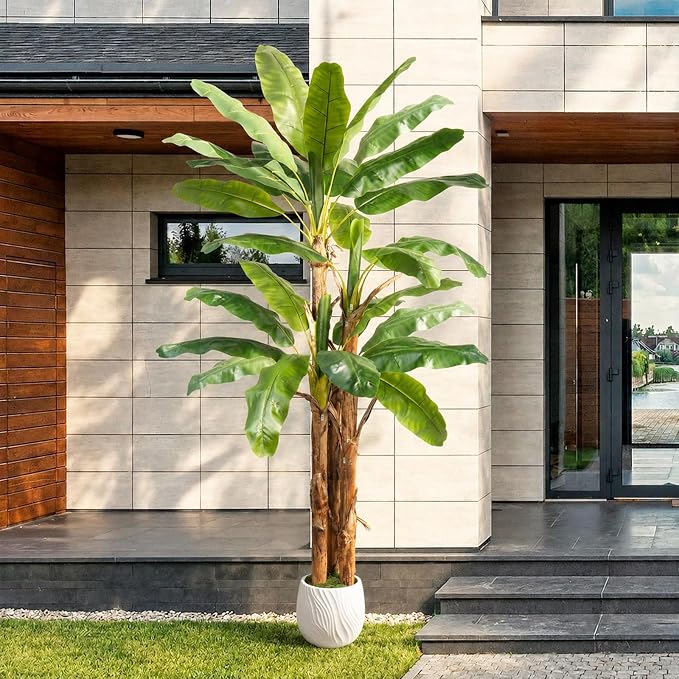 8FT Artificial Banana Tree Faux Banana Leaf Plant Artificial Tropical Tree Outdoor Large Faux Plants Indoor Fake Tree for Patio Balcony Garden Living Room Office Decor (with Faux Moss)