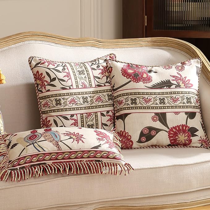 patdrea Vintage Linen Throw Pillow Cover,18"x18",Set of 2-Schumacher C | Elegant Decorative Pillow Case,Bird Pattern with Tassel Pendant,Cushion Coverfor Couch Living Room Bedroom Sofa