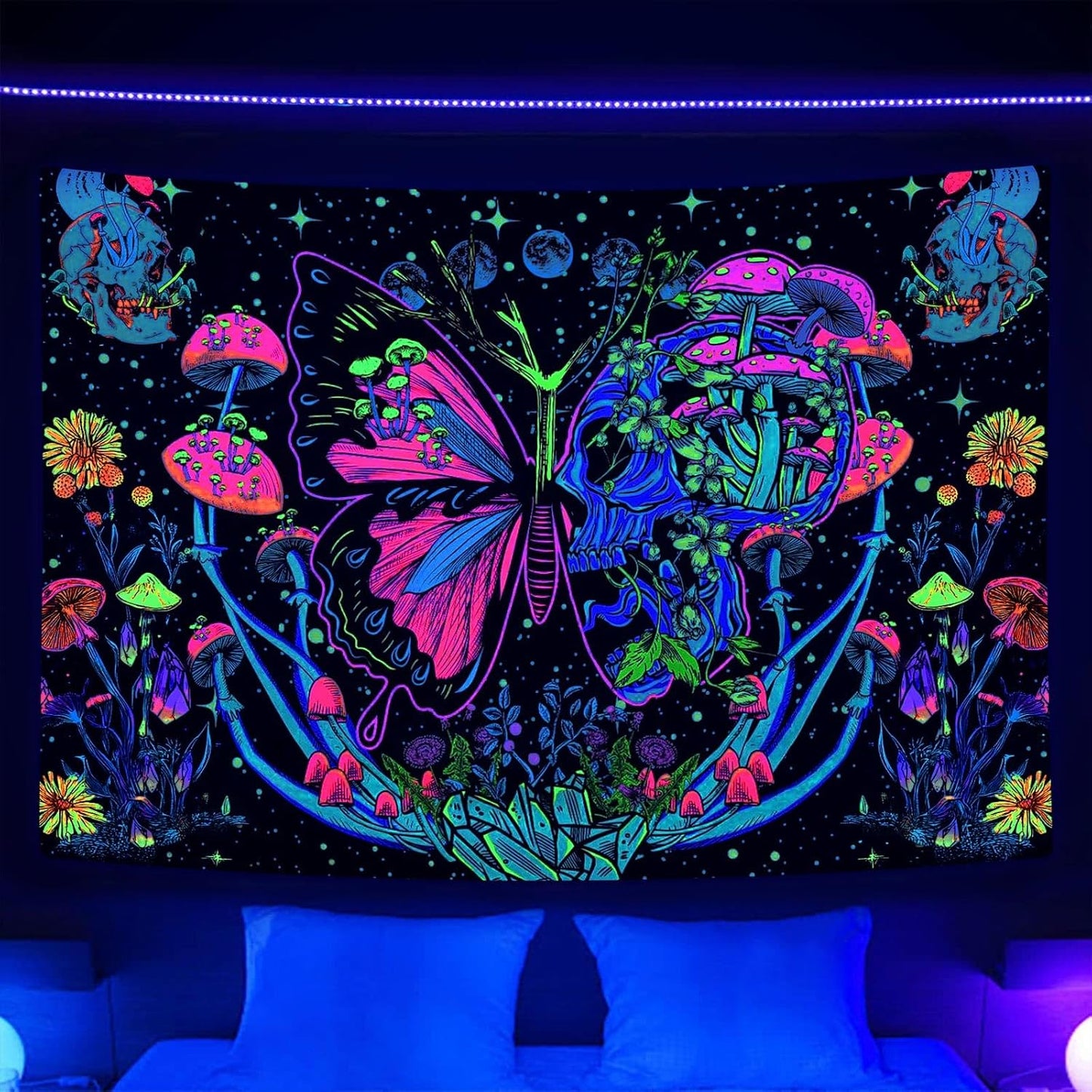 Xiaoput Blacklight Skull Butterfly Tapestry, Trippy UV Reactive Mushroom Wall Hanging Tapestries, Glow in The Dark Hippie Skeleton Aesthetic Moon Tapestry for Living Room Home Dorm Decor 60X40IN