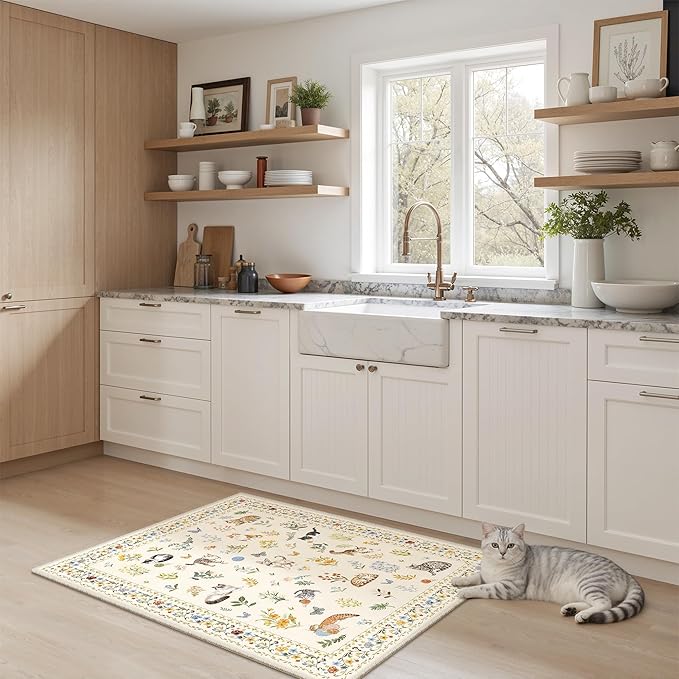 Soalmost 2x3 Cat Rugs for Entryway, Machine Washable Door Mat Animal Floral Small Area Rug Non-Slip Low Pile Soft Throw Rugs for Entrance Kitchen Indoor Front Door Kids Room (2 x 3,Beige)
