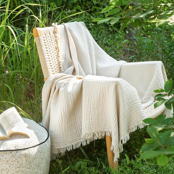 MooMee Muslin Blanket - 100% Cotton 4-Layer Gauze Throw Blanket with All-Around Fringe, Soft Breathable Lightweight Cooling Summer Blankets for Bed Couch (Beige,Throw 60" x 50")