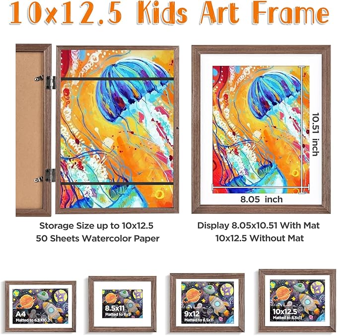 KINLINK 10x12.5 Kids Art Frame Set of 2, Solid Wood Kids Artwork Frames Changeable with Front Opening Hold 150 Pictures, Art Frames for Kids Art with Mat,without Mat 10x12.5 Picture Frame Brown Wood