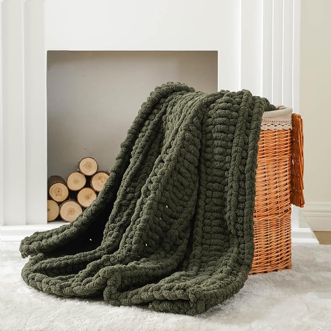 Battilo Chunky Knit Throw Blanket for Couch, 50"x60", Olive Green | Hand Knit, Gift Blanket, Cozy Warm Thick Soft Chenille Throw Blanket for Bed, Sofa, Living Room
