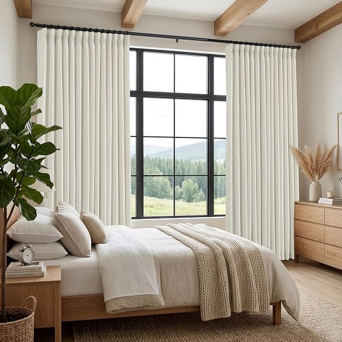 Pinch Pleated Linen Curtains 102 Inch, 2 Panels Premium 400GSM Memory Trained Semi Sheer Light Filtering Window Drapes for Living Room Bedroom Dining, Back Tab & Adjustable Hooks Rings , Birch Natural