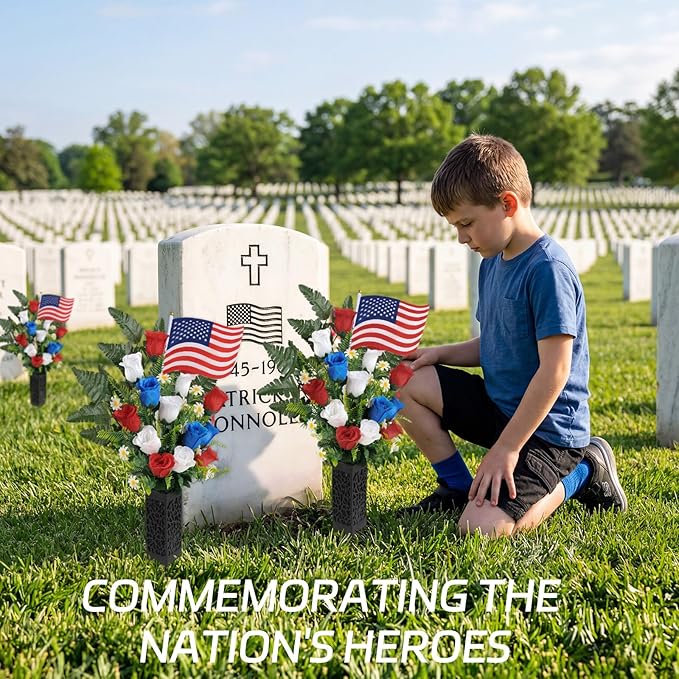 Memorial Day Flowers for Cemetery, 2 Sets Artificial Red White Blue Roses with American Flags Vase Patriotic Cemetery Flowers for Grave, Outdoor Gravesite Tribute Veterans Memorial Day Decorations