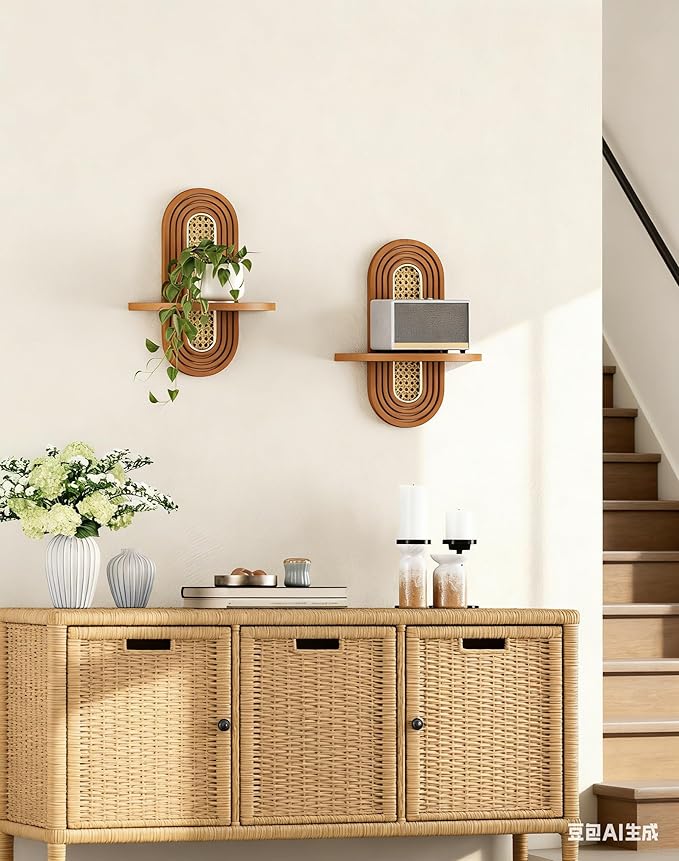 Floating Shelves for Wall, Boho Home Wall Decor,Rattan Plant Shelf Set of 2, Mid Century Small Decorative Shelf, Natural Wood Shelves for Living Room,Bedroom,House,Office (Walnut)