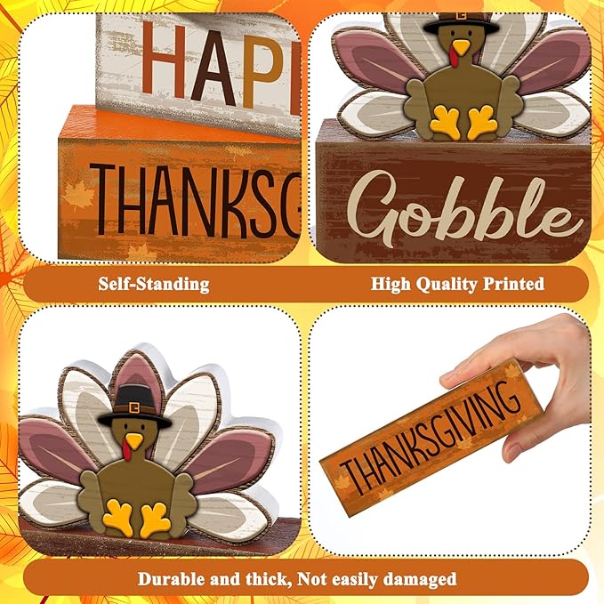 Lineshading 4 Pcs Thanksgiving Decorations for Home Wooden Turkey Thanksgiving Table Centerpiece Fall Tiered Tray Decor Rustic Wooden Turkey Block Sign for Autumn Harvest Party Table Kitchen Shelf