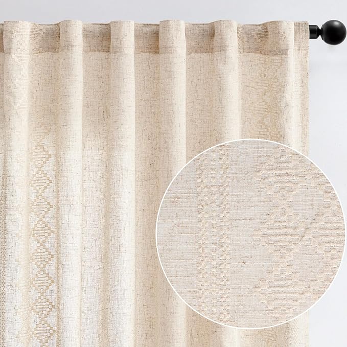 jinchan Boho Curtains Linen Blend Ivory Farmhouse Curtains 96 Inches Long for Living Room Square Embroidered Bordered Back Tab Bedroom Window Light Filtering Bohemian Drapes 2 Panels