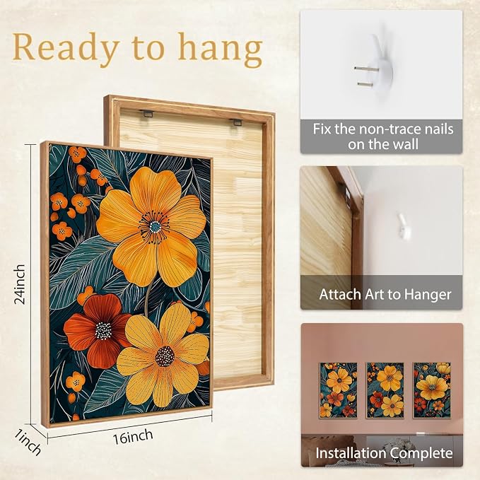 SIKERIC Vintage Orange Floral Wall Art Set of 3, Mid Century Flower Framed Canvas Art Painting, Modern Nature Botanical Art Prints, Boho Neutral Plant Wall Decor for Living Room, Bedroom, Office-16x24