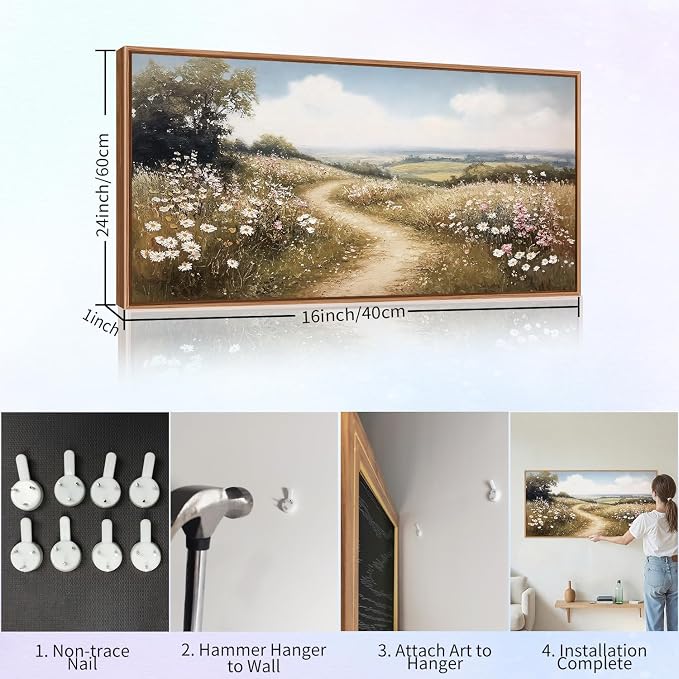 Rantodecor Rustic French Country Framed Canvas Wall Art, Vintage Flower Field Wall Decor, Calming Nature Landscape Art Paintings, Modern Wildflower Artwork for Farmhouse Bedroom Living Room 40"x20"