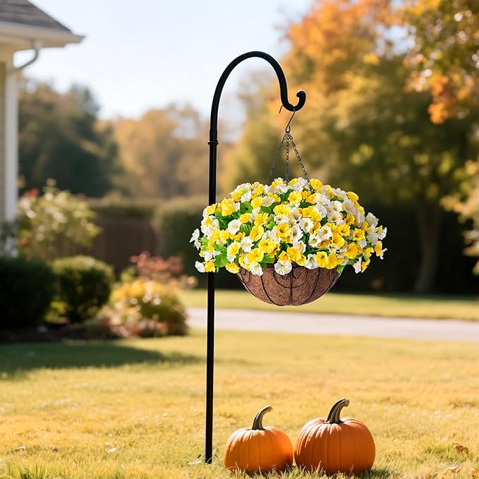 Ammyoo Artificial Hanging Flowers with Basket, Faux Silk Petunias Flower Arrangement, Coconut Lining with Morning Glories Fake Plants Patio Garden Porch Deck Fall Decor(Yellow and White)