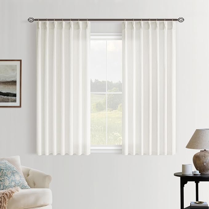 Cream Semi Sheer Linen Pinch Pleated Curtains 45 Inch Long | Extra Short 45 inch Length Small, Pinch Pleat Hook Rings Memory Shape, Ivory Beige Neutral, Faux Linen Textured, Boho Modern