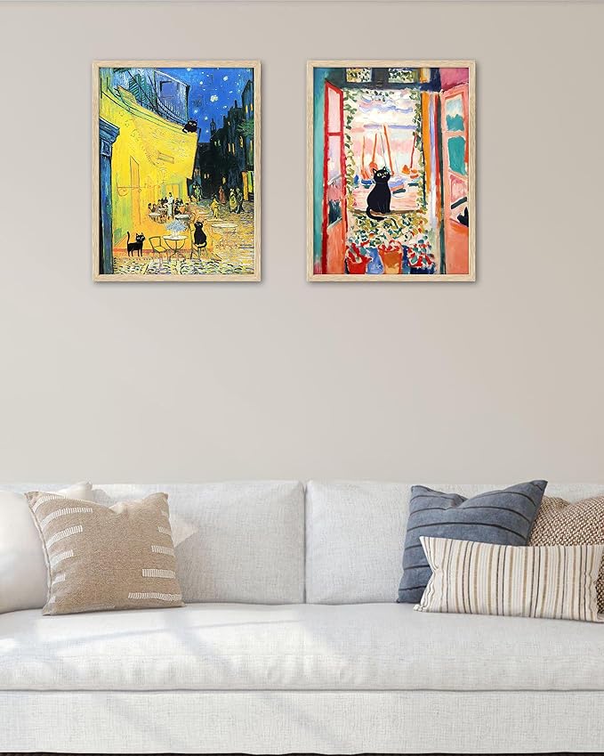 UPWOIGH Matisse Inspired The Open Window Wall Art with Black Cat, Red Window Canvas Print, Beige Oak Wood Framed 12x16 Inch Decor