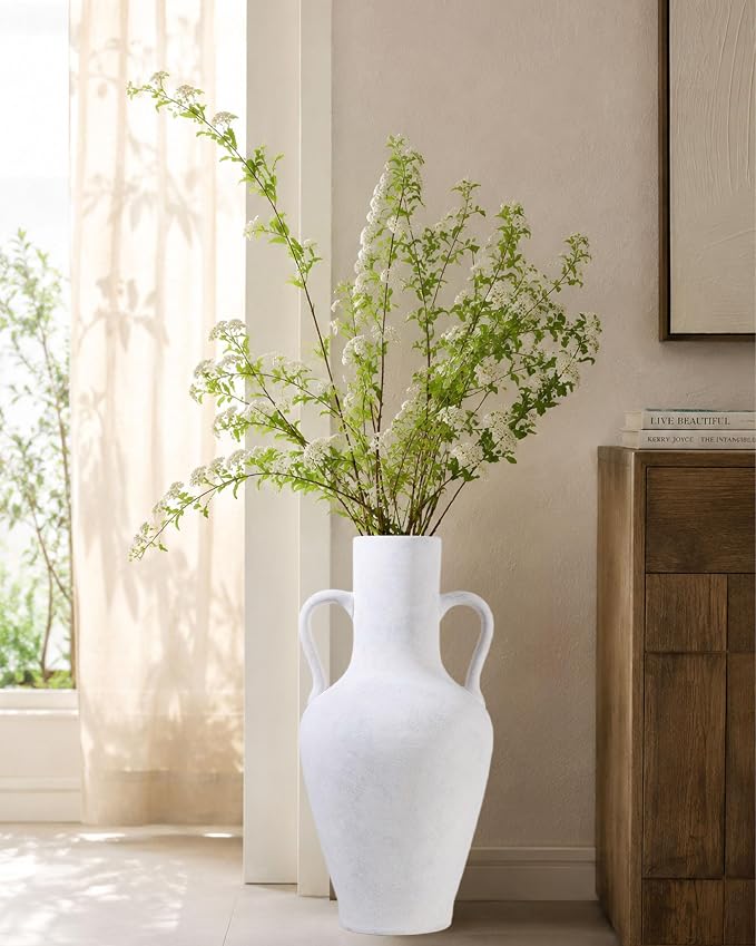 20.5in Tall Ceramic Floor Vase with Vintage Handles, White | Large Antique White Ceramic Floor Vase with Beige Speckles, Distressed Details and Vintage Handles for Rustic Home Decor