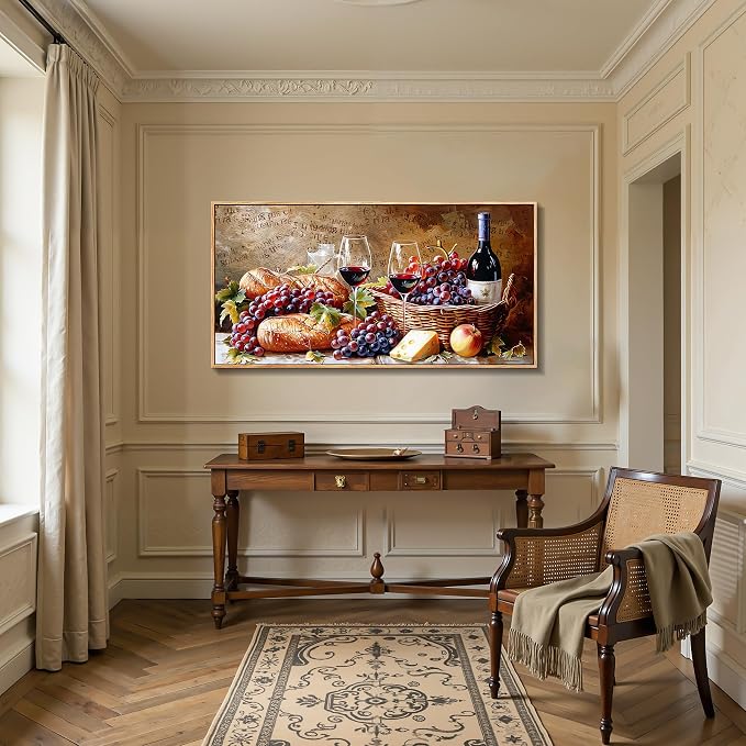 imjiayu Large Framed Wall Art, Dining Room Wall Art, Rustic Wall Decor, Vintage Grape Wine Canvas Prints, Fruit Food Harvest Paintings Wall Decor Living Room Kitchen Farmhouse Home Bar 24"x48"