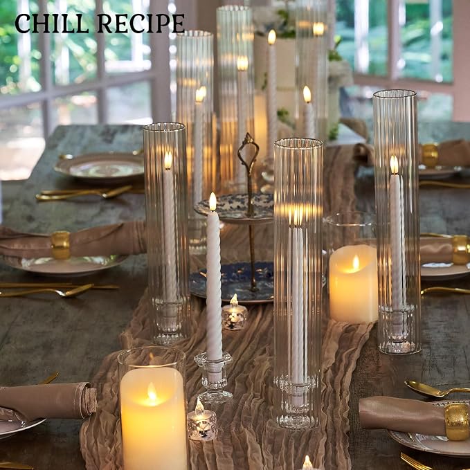 CHILL RECIPE Hurricane Glass Candle Holders-Set of 6 Tall Taper Candle Holder with 12” Tall Clear Cylinder Covers for Wedding Table Centerpiece Home Decor (Floral Base+Ribbed Chimney)