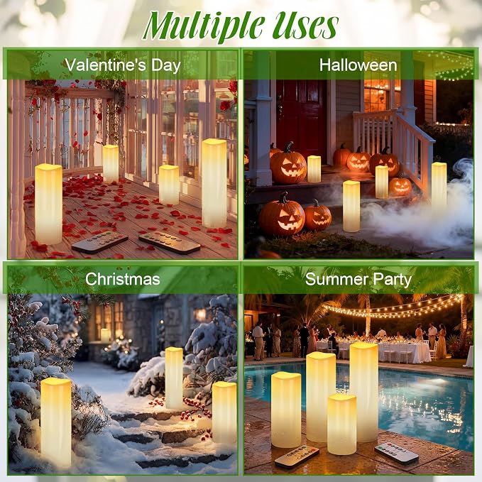 Rossesay 8" 10" 12" 14" x 4" Large Waterproof Outdoor Flameless Candle, 4 Pcs LED Pillar Candle with Remote and Timer Battery Operated Jumbo Flickering for Halloween Xmas Church (Ivory White, Vivid)