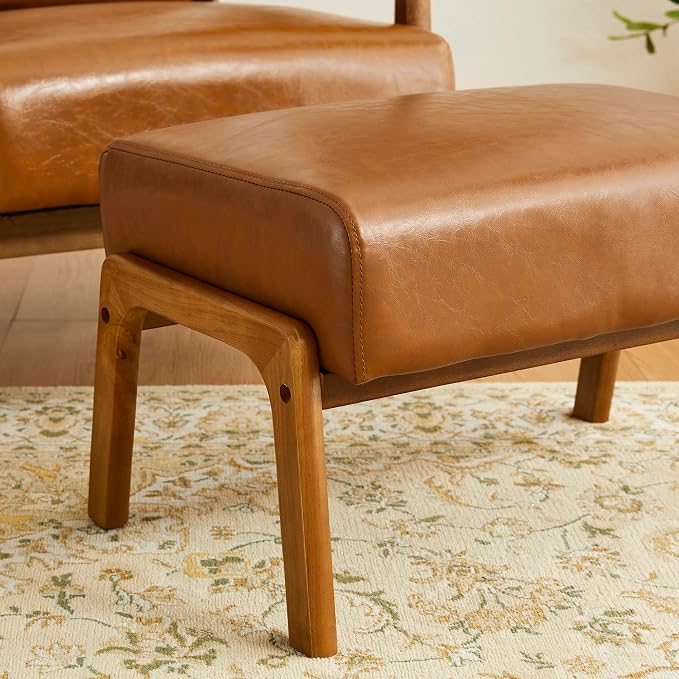 Glitzhome 15.5"(H) Footrest Stool Set of 2, Leatherette Ottoman, Accent Padded Sofa Foot Stool for Accent Chair, Wood Frame Foot Rest Ottoman for Living Room, Bedroom, Yellowish-Brown