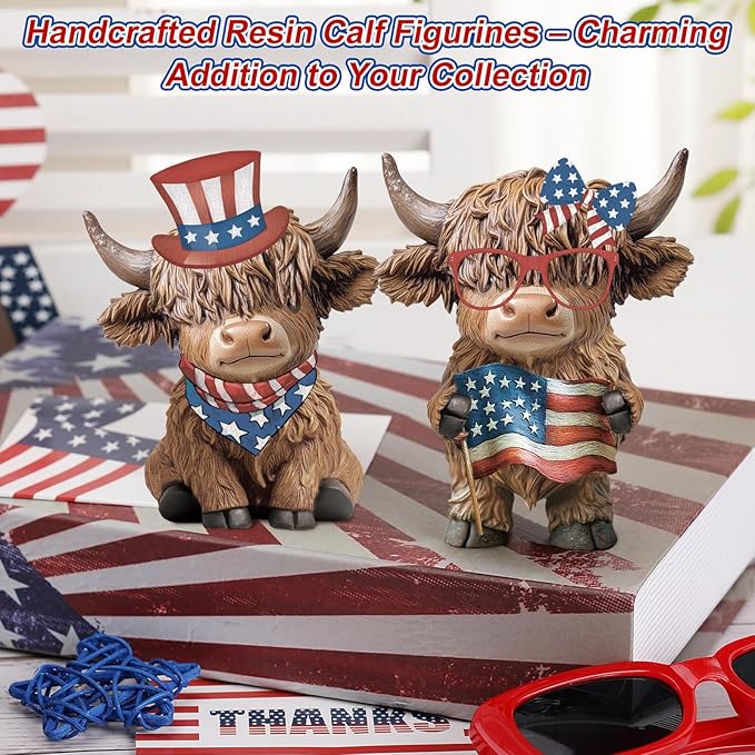 Karenhi 2 Pcs Patriotic Highland Cow Decor American Flag Figurines for 4th of July Memorial Day, Red White Blue Resin Cow Statues for 250th Anniversary Home Table Garden Decor