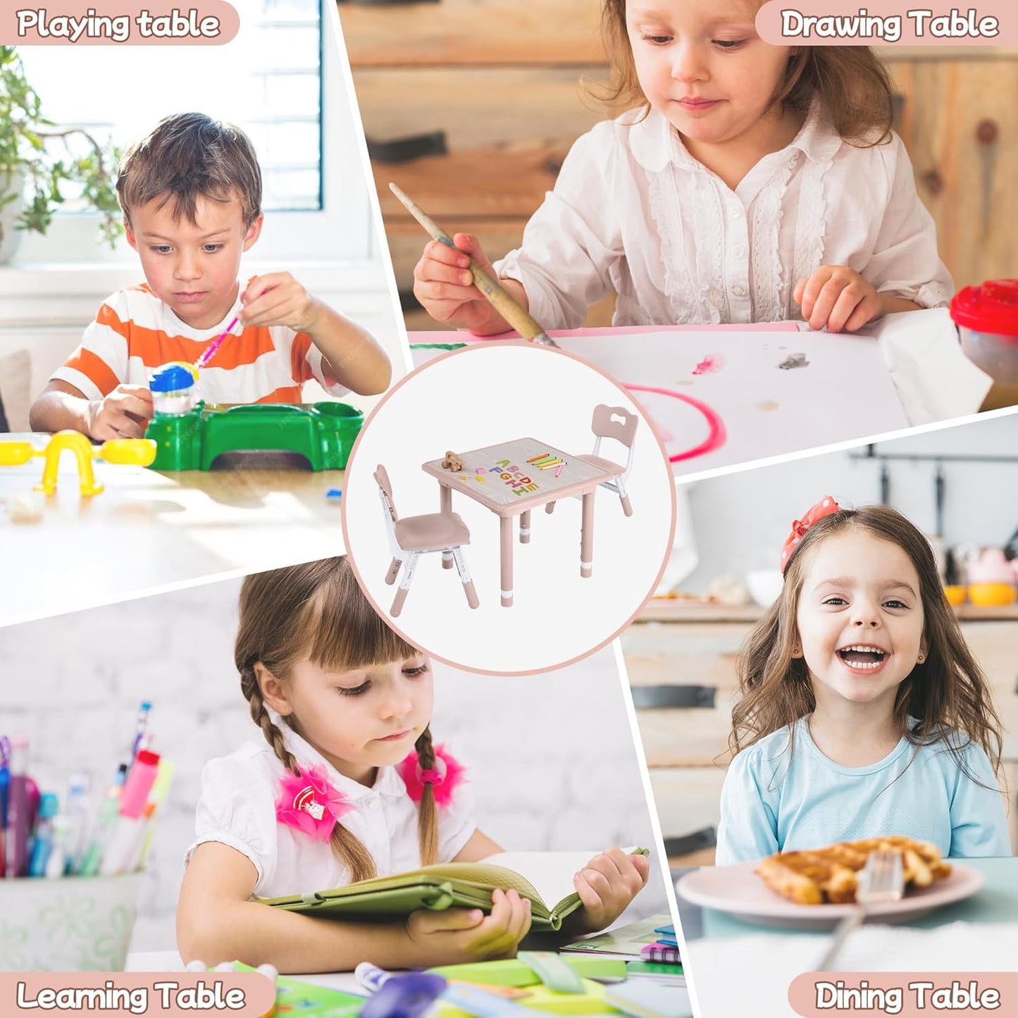 Toddler Table and Chair Set, Height Adjustable-Upgrade Kids Table and 2 Chairs for Ages 3-8, Multi-Activity Toddler Play Table with Graffiti Desktop for Home/Daycare/Classroom