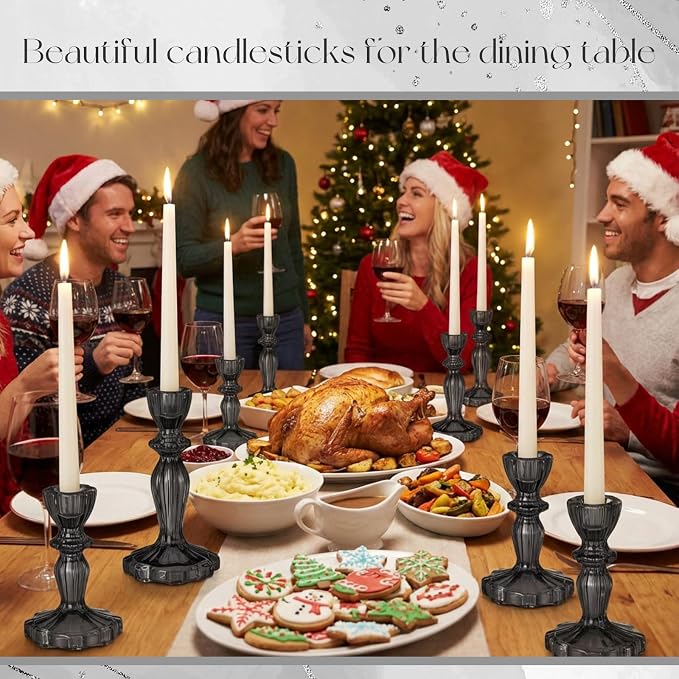 12 Pack Glass Candlestick Holders Set 4.3/6.1'' Taper Stripe Candle Holder Bulk Floral Shape Crystal Decorative Candle Stand Centerpiece for Table Wedding Dining (Black)