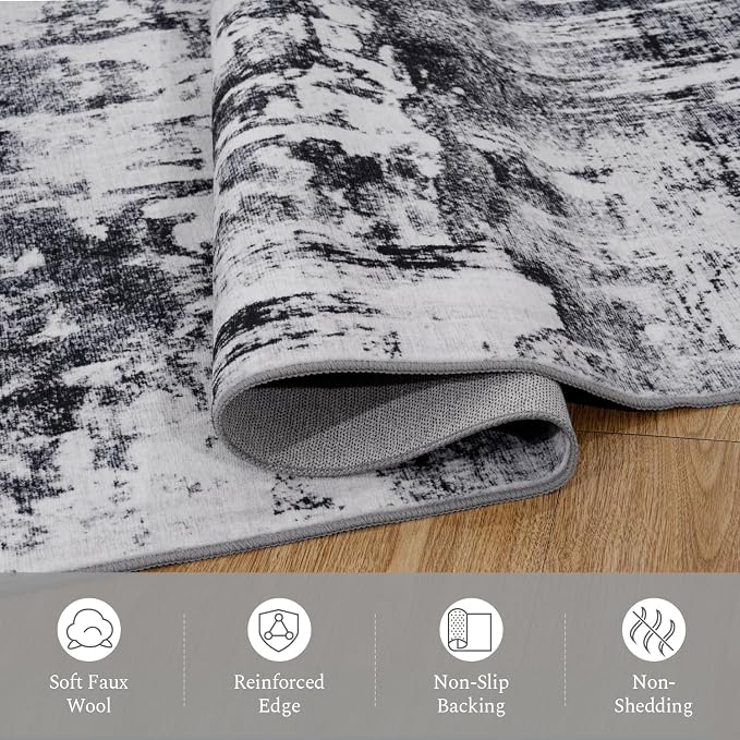 Rugflix 2x6 Runner Rug for Entryway, Kitchen Rugs Soft Non-Slip Washable Runners for Hallway, Abstract Small Carpet with Non-Slip Backing for Bedroom, Living Room, Black Grey