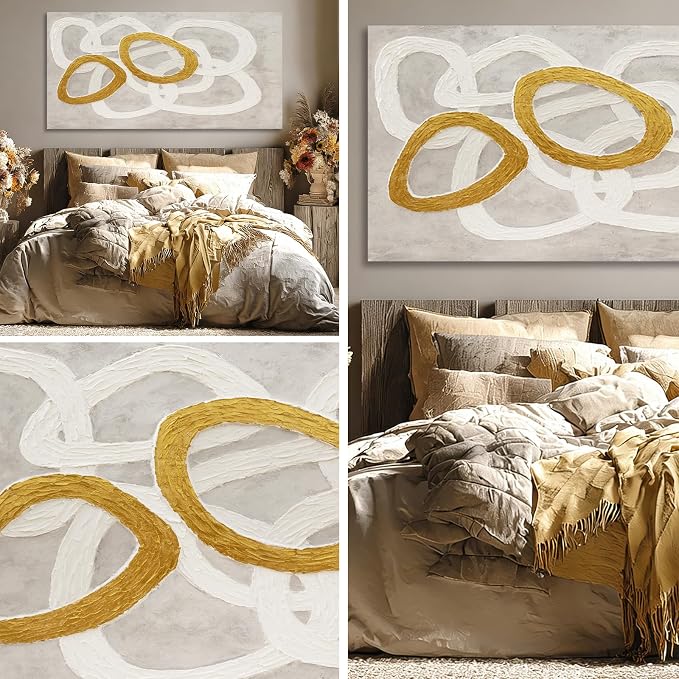 Dolidoteart Canvas Wall Art, Beige White Gold Abstract Wall Art Print, Hand-Painted Style Horizontal Artwork for Living Room Bedroom Office, 24x48 Inch