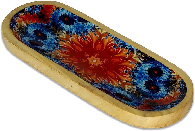 Bless-International Traditional-Handmade-Tray-Burner Wooden-Trat-Incense-Stick-Holder Ash-Catcher-Stand for-Aromatherapy-Meditation-Yoga (Abstract Flowers, 11x4x1.22 Inches)