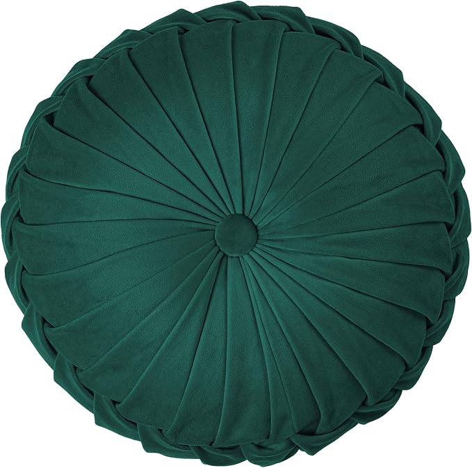 ROSE&RISY Round Pleated Velvet Throw Pillow, 1 Pack Decorative Accent Pumpkin Pillow Cushion for Couch Sofa Bed, Soft Plush Retro Vanity Throw Pillows for Home Decor, 14.5 Inch, Teal
