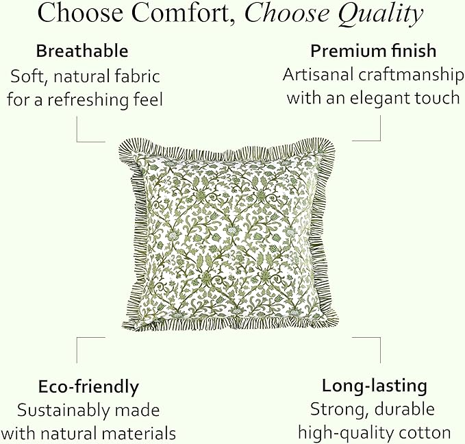 CPC Meadow Vine Hand Block Print 100% Cotton Ruffle Throw Pillow Cover 20x20 inch with Hidden Zipper Decorative for Couch, Bed, Sofa, Farmhouse, Cottagecore Decor Gift Christmas Fall Thanksgiving