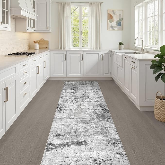 Runner Rug Non-Slip Kitchen Rug: 3x8 Washable Abstract Modern Soft Stain Resistant Indoor Floor Neutral Accent Throw Carpet for Hallway Bathroom Laundry Room Bedroom Entryway- Black Gray