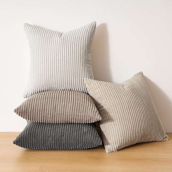 Topfinel 4 Packs Natural Decorative Throw Pillows Covers 18x18 Inch for Living Room Couch Bed Sofa, Rustic Farmhouse Boho Home Decor, Soft Plush Striped Corduroy Square Cushion Case 45x45 cm